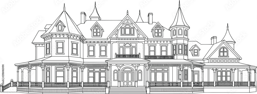 Fototapeta premium Detailed black and white line of a large victorian mansion house with multiple turrets, a wrap-around porch, and gables
