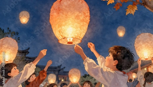 Joyful children releasing glowing paper sky lanterns, fascinated, celebrating autumn festival against night sky backdrop