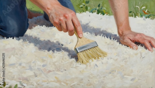 Diligent person scrubbing white fluffy carpet with a brush against sunny green grass background