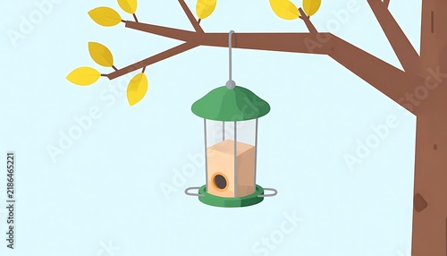 Hanging bird feeder in flat vector style, green and yellow colors, feeding wildlife in autumn with copy space