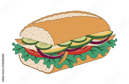 Hand-drawn illustration of a fresh vegetable submarine sandwich with baguette bread on a white background