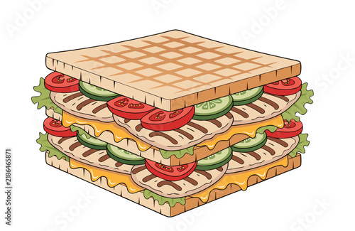 Double Decker Toasted Club Sandwich with Grilled Chicken, Melted Cheese, Fresh Lettuce, Tomato and Cucumber