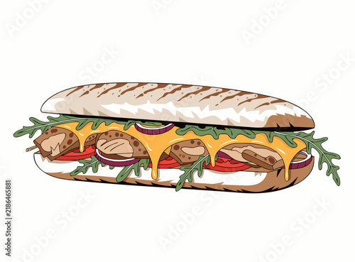 Hand-drawn illustration of a delicious grilled panini sandwich with melted cheese, chicken, tomato, and fresh arugula