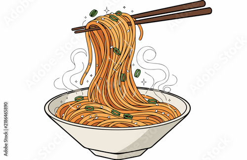 Hand-Drawn Vector Illustration of Steaming Hot Noodles in a Bowl with Chopsticks Isolated on White Background