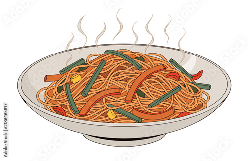 Freshly Prepared Hot Noodles with Vegetables in a Bowl Digital Illustration