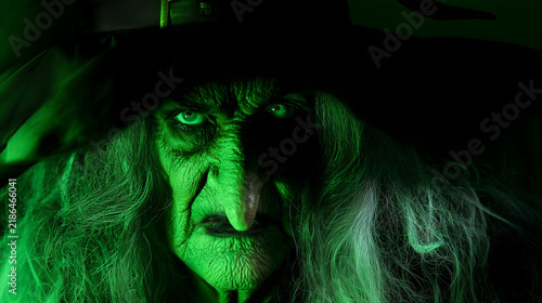 Extreme close-up of a terrifying elderly witch staring directly into the camera, deeply wrinkled face illuminated by eerie green light, intense eyes, long hooked nose, dark lips an