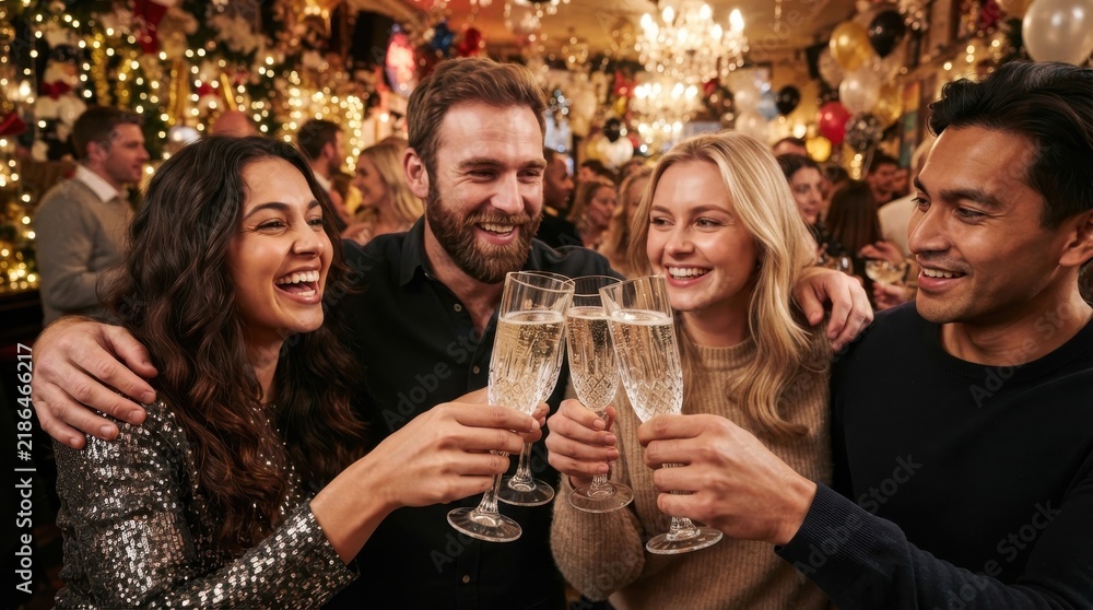 Fototapeta premium Friends celebrating and toasting with champagne glasses at party