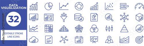 32 Data Visualization Vector Outline Icons Set,Charts, Graphs, Statistics, Dashboard, Reports and Data Analysis Line Symbols Collection