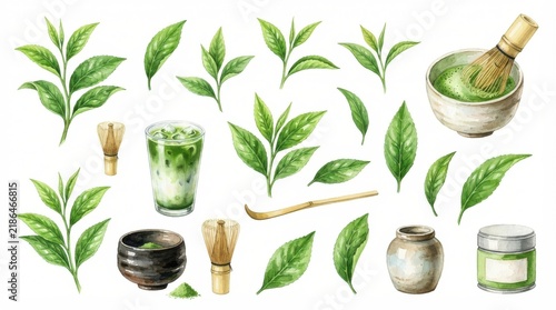 Watercolor matcha green tea elements, leaves and utensils