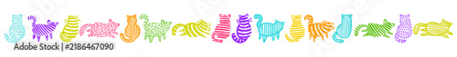 A horizontal pattern of stylized cats drawn by hand in a doodle style.