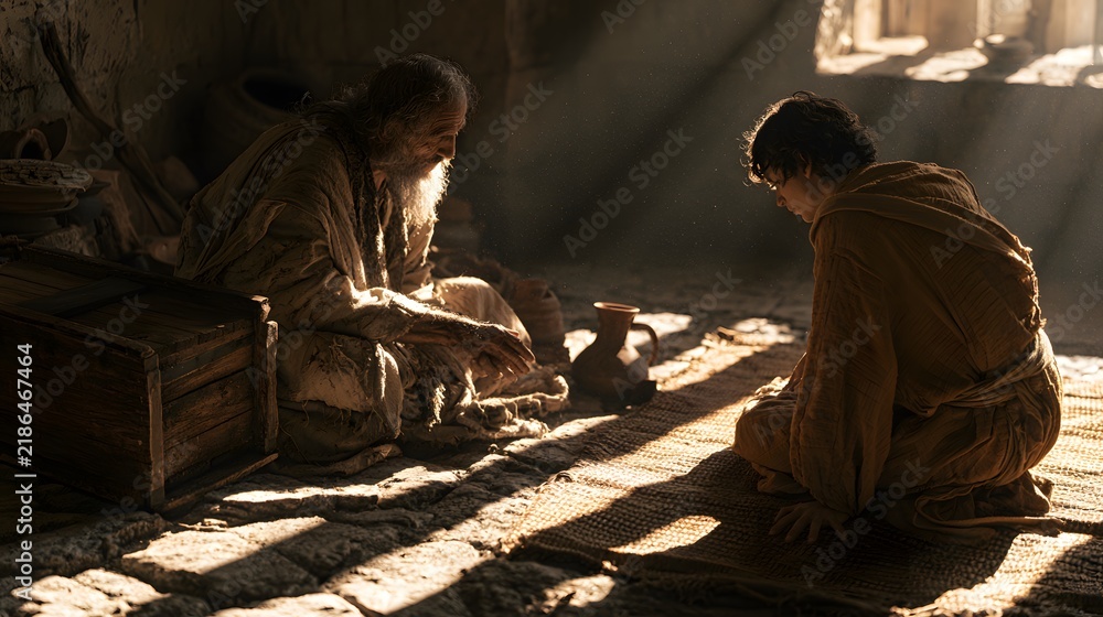 Obraz premium An elderly man teaching a young man in a rustic, sunlit ancient room