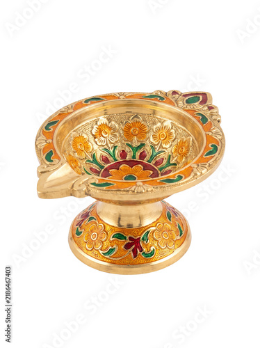 Traditional Indian Brass Diya Oil Lamp with Ornate Decorative Details on transparent background