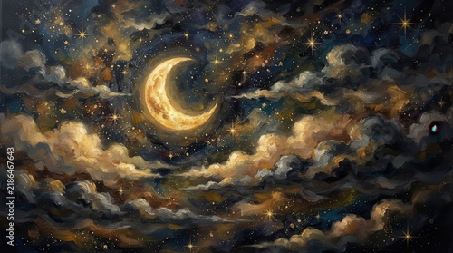Crescent moon and glowing stars in night sky with clouds oil painting