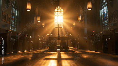 Church Interior with Sunlight Streaming Behind Holy Cross