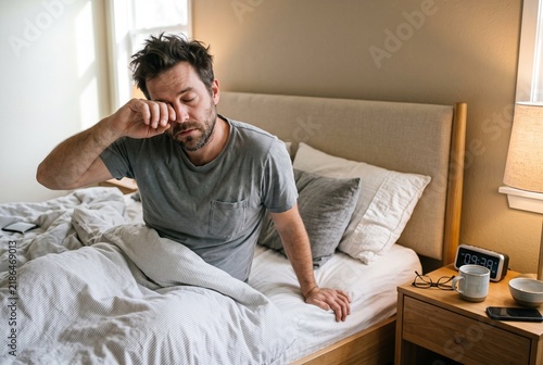Tired mature man rubbing his eyes while sitting on the bed in the morning
