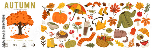 Autumn illustration set with pumpkin, fox and cozy season objects like teapot, sweater and hedgehog. Fifty four hand drawn elements in warm orange tones suit stickers, cards, prints and packaging