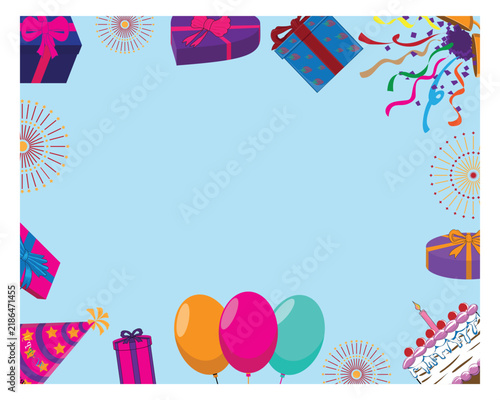 A vector illustration of a birthday celebration frame set against a light blue background, adorned with various festive elements such as colorful balloons, gift boxes, party hats, a birthday cake, and