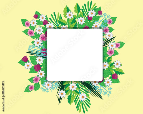 A vector illustration design featuring a square frame with green leaf and colorful flower decorations surrounding a blank white center area.
