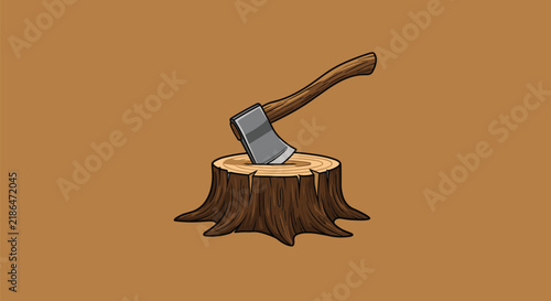 Classic metal woodcutter axe stuck in a weathered wooden tree stump on a warm brown background in retro cartoon style.