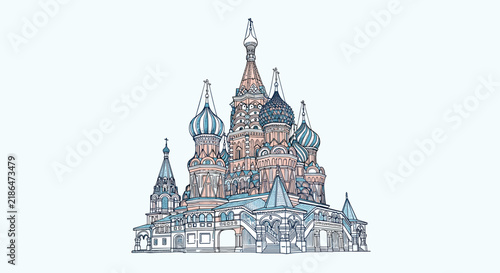 Saint Basil Cathedral in Moscow famous Russian landmark depicted in a detailed hand drawn sketch style with light blue and pink tones.