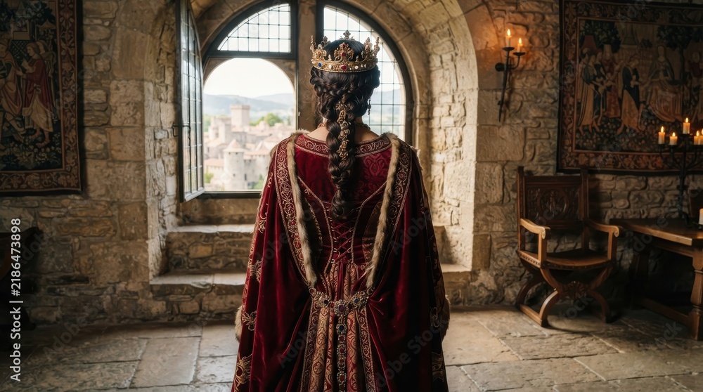 Naklejka premium Queen in medieval castle looking out the window
