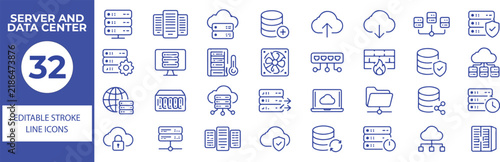 32 Server and Data Center Vector Outline Icons Set,Cloud Computing, Database, Network, Storage, Security and Server Management Line Symbols Collection