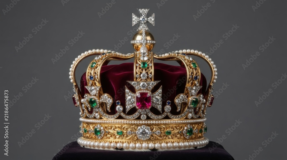 Fototapeta premium Imperial crown with gold, diamonds, emeralds, and red velvet lining