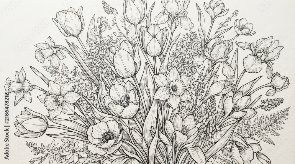 Obraz premium Black and white hand drawn floral bouquet sketch
