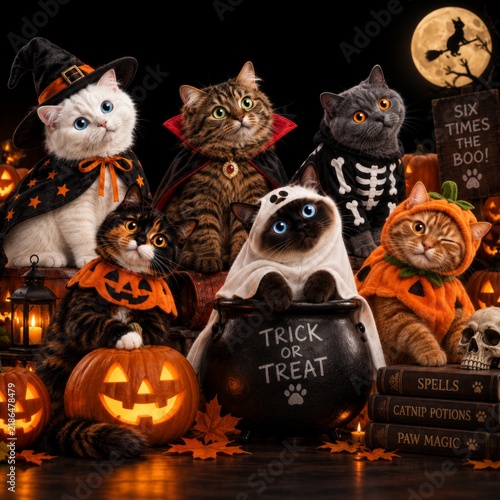 cats dressed in halloween costumes posing among pumpkins, candles, and autumn leaves, realistic photography style with warm lighting and detailed composition emphasizing humor, festivity, and feline c