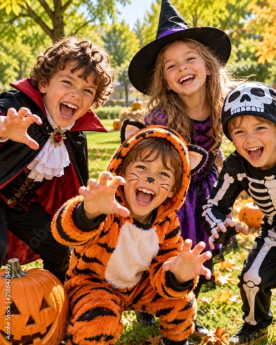 Four kids in colorful Halloween costumes posing beside pumpkins in an autumn park, natural daylight, fall leaves, festive celebration, friendship, and childhood joy.