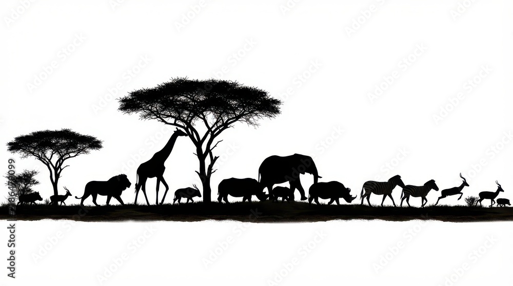 Fototapeta premium African safari animals silhouette panorama with trees