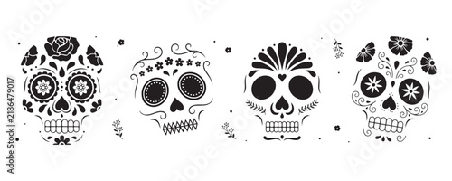 Mexican day of the dead sugar skulls with floral ornaments black silhouette vectors on transparent.