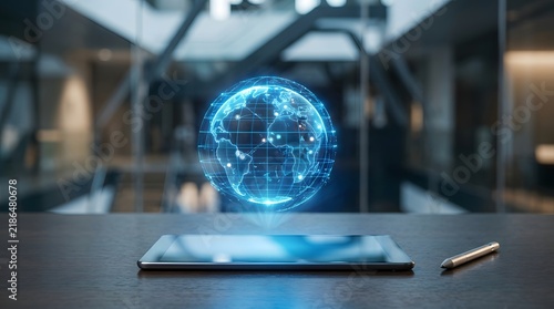 A futuristic digital globe hologram hovering above a modern tablet screen in a professional office workspace environment