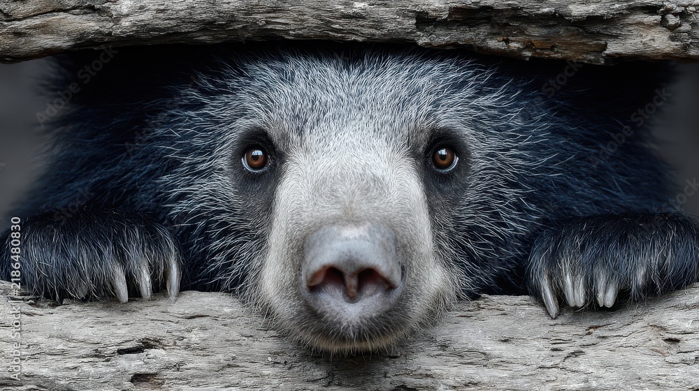 Obraz premium A captivating close-up of a sloth bear peeking out from a log, its expressive eyes and distinctive muzzle showcasing the beauty of this wild mammal