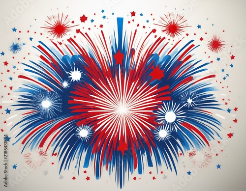 simple colorful fireworks graphic with red and blue bursts against a white background