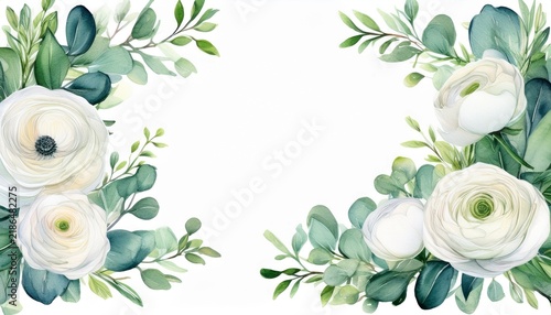 watercolor floral border with white ranunculus flowers and green eucalyptus leaves on a white background