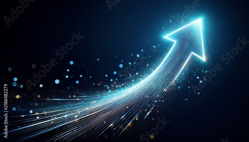 a glowing upward pointing arrow formed by light particles representing digital progress data flow and technological growth
