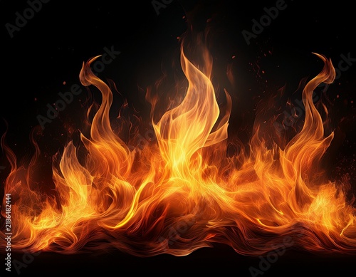 intense flames rising from the bottom against a black background realistic digital rendering suitable for fire safety materials dramatic visual effects and background designs