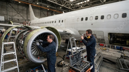 Aircraft mechanics repairing airplane engine in hangar