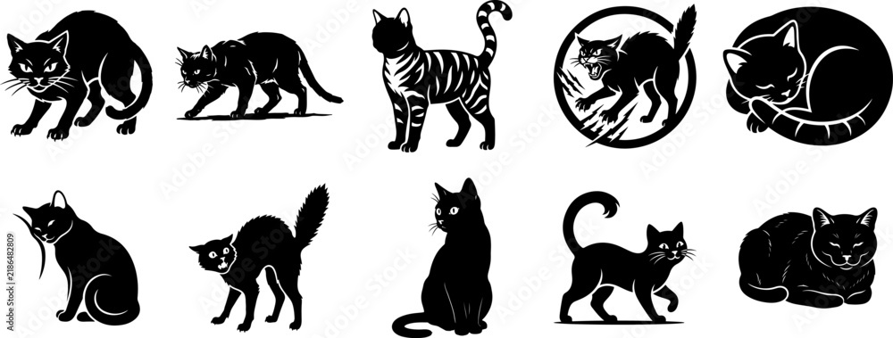 Fototapeta premium Collection of black cat silhouettes with various poses and expressions