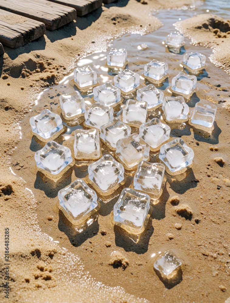Fototapeta premium Ice cubes melt on a sandy beach near wooden planks and shallow water. Sunlight sparkles on the melting ice, suggesting cool refreshments on a warm day.