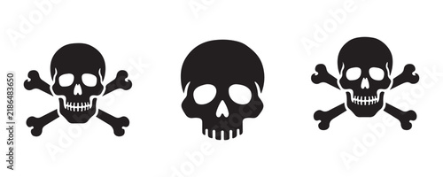 фотографія Collection of black human skull icons with crossbones for pirate themes or danger sign illustrations