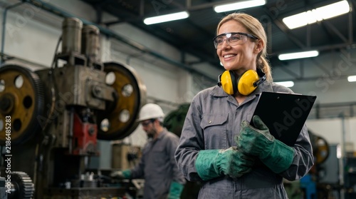 A happy professional worker smiling while working in a heavy metal industry factory.