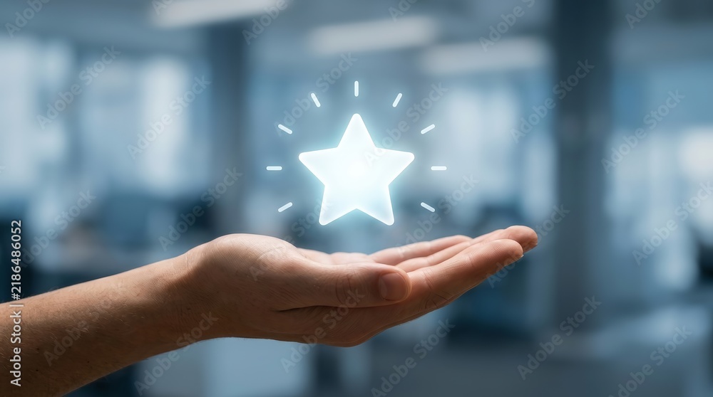 Obraz premium A glowing star icon hovers above an open hand representing loyalty rewards and bonus points.