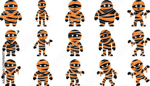 Canvastavla Set of cute cartoon mummy characters in various poses isolated on a white backgr