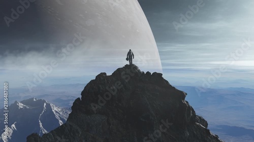 Astronaut Stands Victorious on a Mountain Peak, Overlooking an Alien Planet in a 3D Rendered Adventure