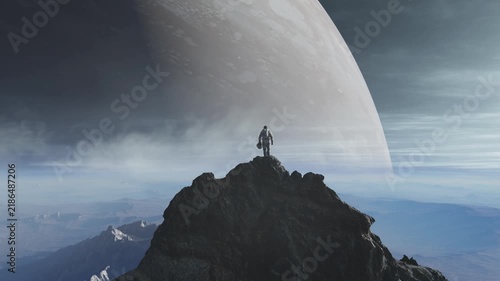 Astronaut on Mountain Peak Surveys a Grand Planet in a Breathtaking 3D Rendered Sci-Fi Landscape