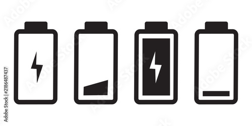 Battery charge level indicators and plug icon vector graphic with energy level, battery life