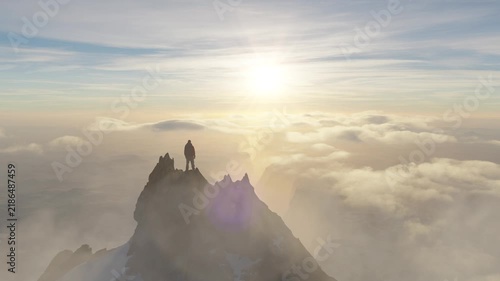 Adventurer Standing on a Mountain Peak Above the Clouds at Golden Sunset, a Stunning 3D Render