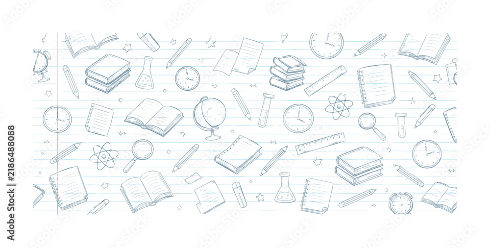 Obraz premium Seamless doodle pattern of school supplies on lined paper background